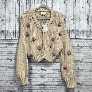 EE:SOME 3-D Floral Rose Knit Cropped Sweater Cardigan